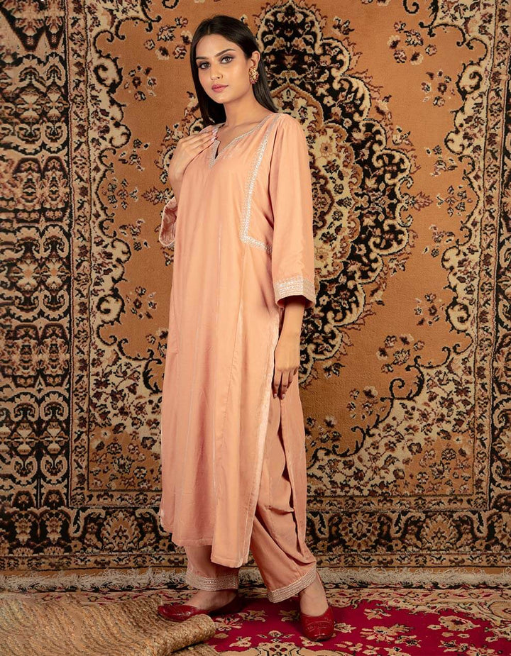 Peach silk velvet  kurta with pants - Set of 2