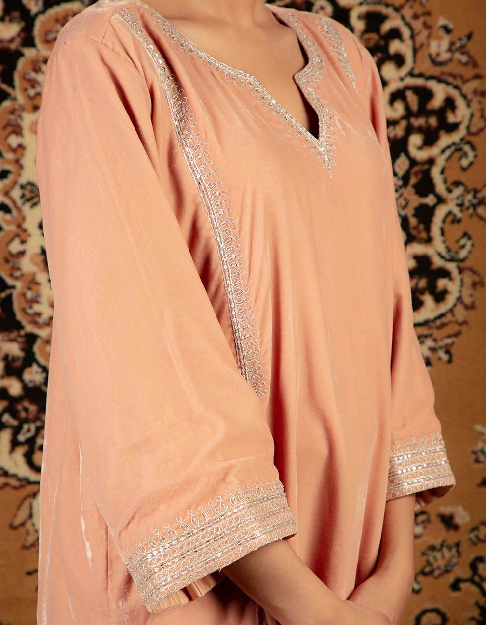 Peach silk velvet  kurta with pants - Set of 2