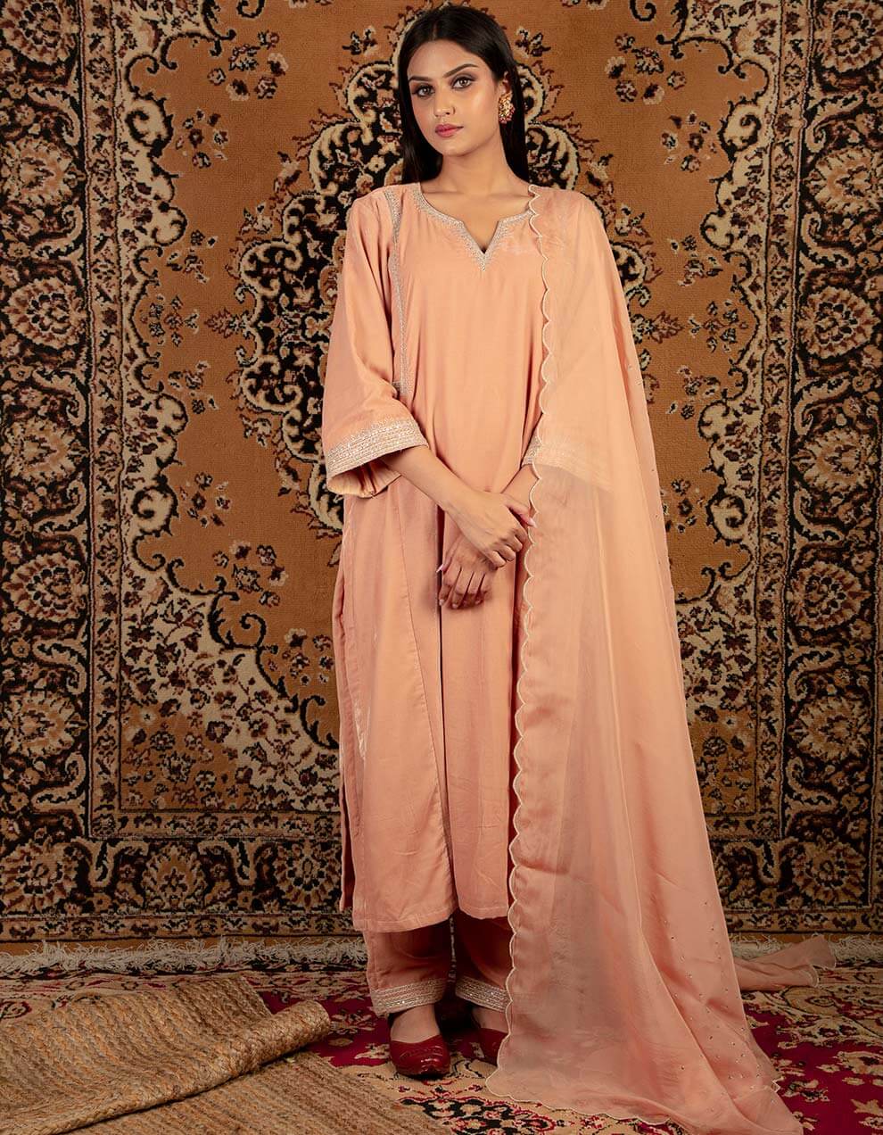 Peach scalloped tissue organza dupatta