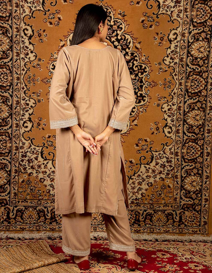 Light brown silk velvet kurta with pants and tissue organza dupatta- Set of 3