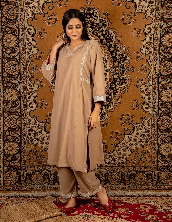 Light brown silk velvet  kurta with pants - Set of 2