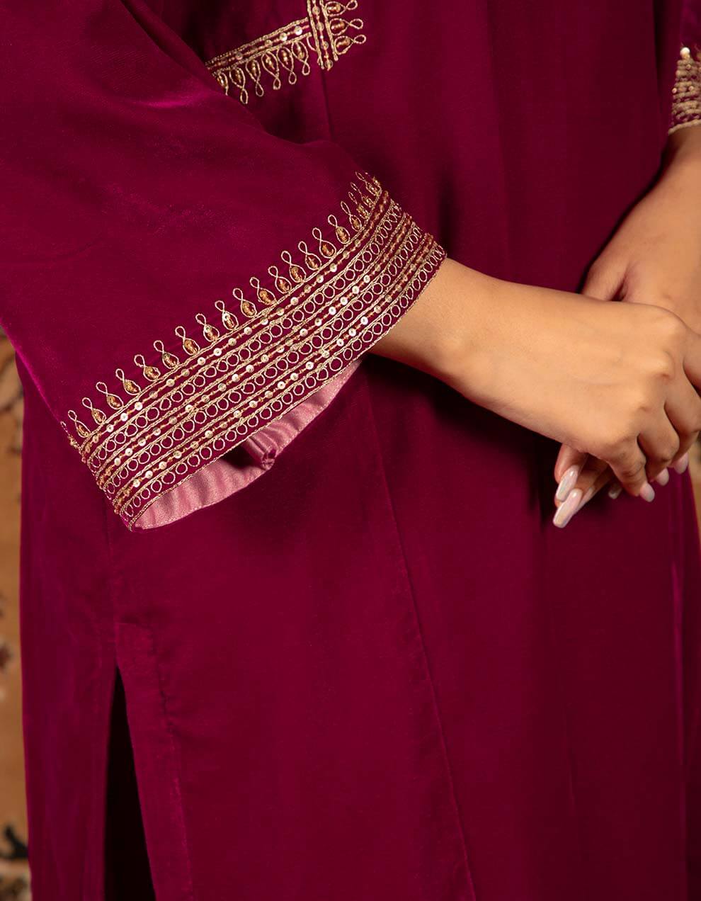 Magenta silk velvet kurta