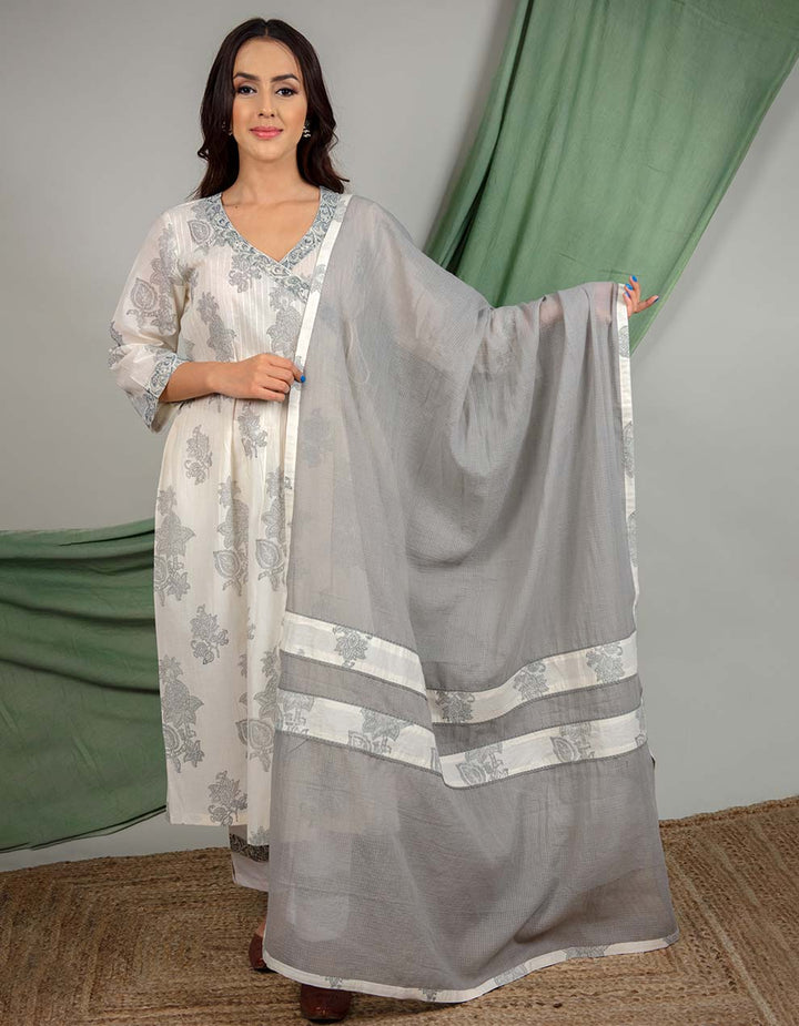 Kora Grey Cotton Printed Angrakha Kurta With Pants And Dupatta - Set Of 3