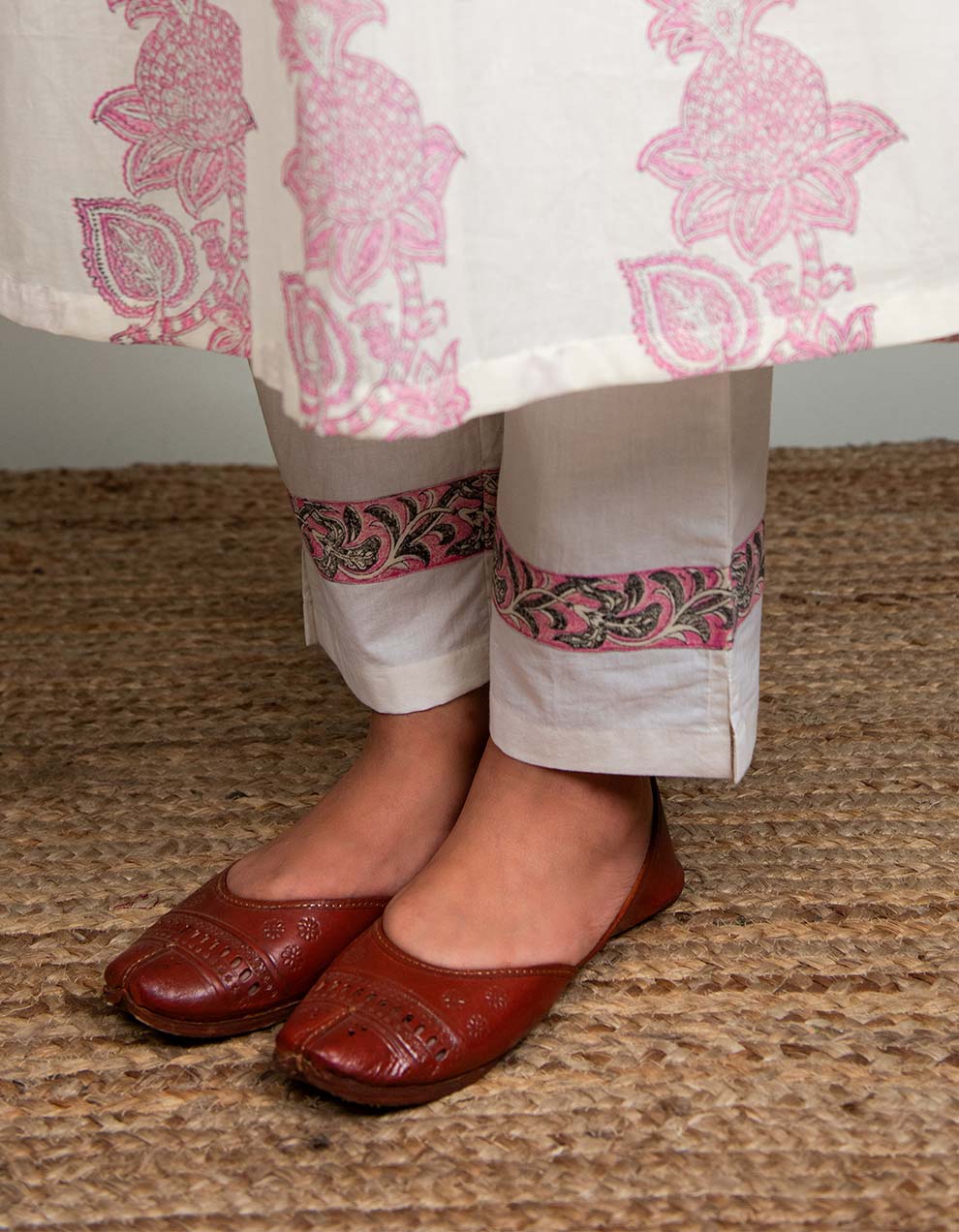 Kora White & Pink Cotton Straight-Cut Pants