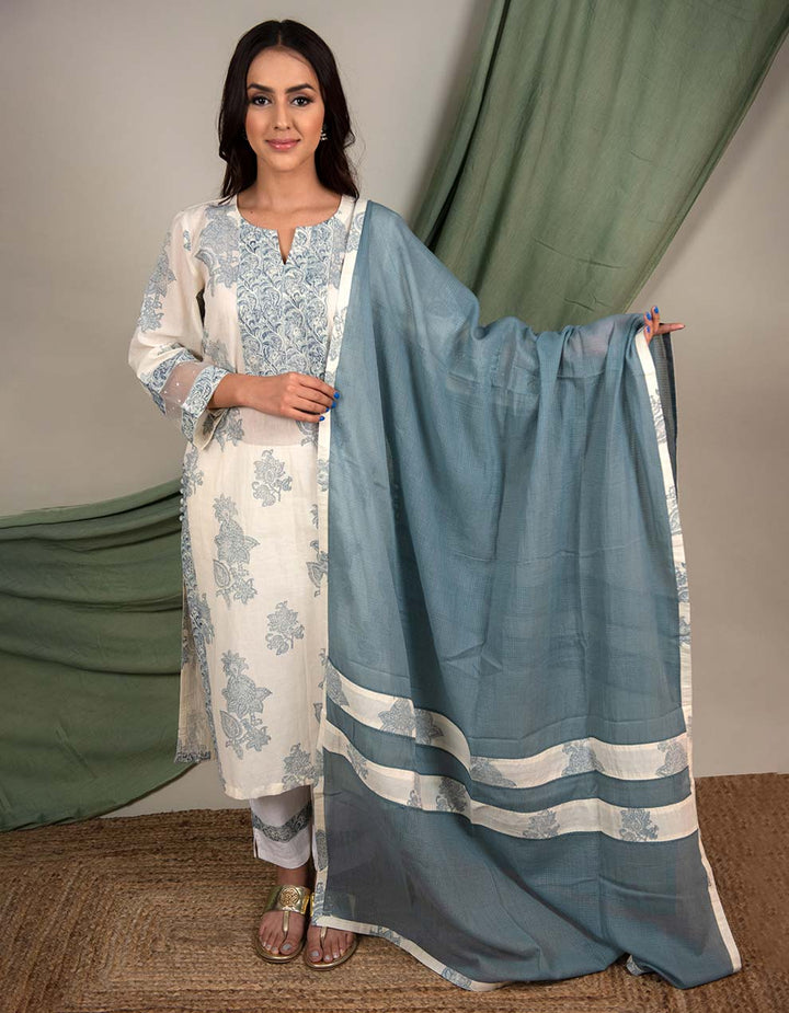 Kora Blue Cotton Printed  Kurta With Pants And Dupatta - Set Of 3