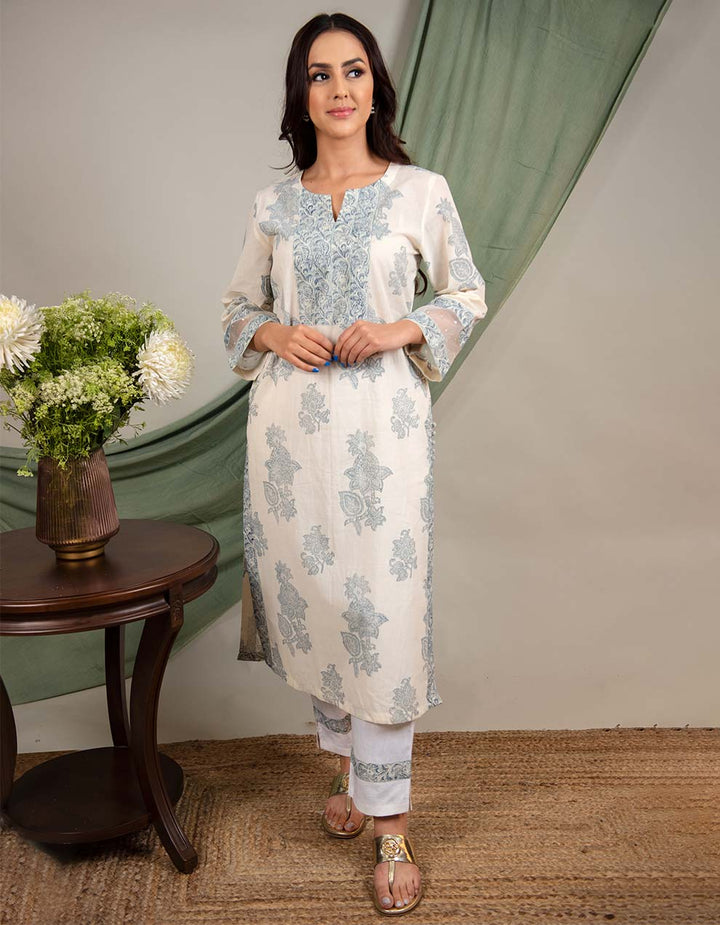 Kora Blue Cotton Printed  Kurta With Pants And Dupatta - Set Of 3