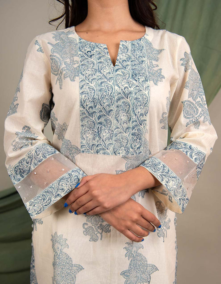 Kora Blue Cotton Printed Kurta