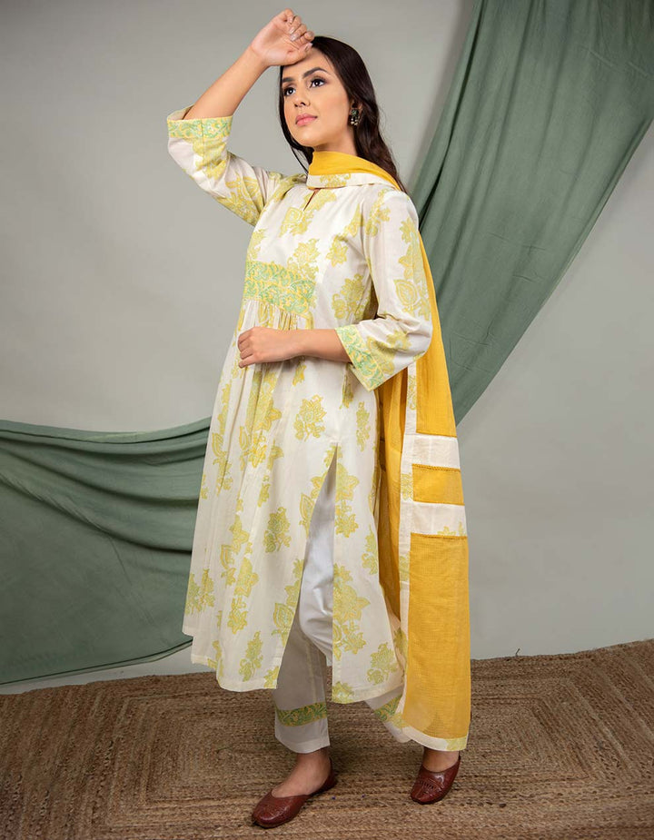 Kora Yellow & Green Cotton Printed Kurta With Pants And Dupatta - Set Of 3