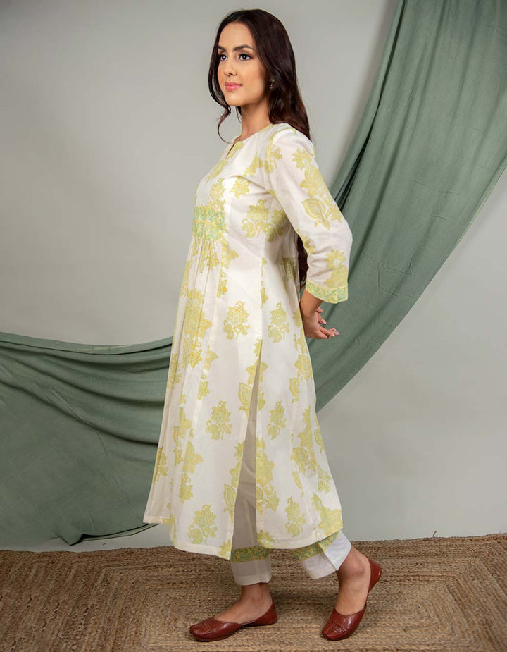 Kora Yellow & Green Cotton Printed Kurta