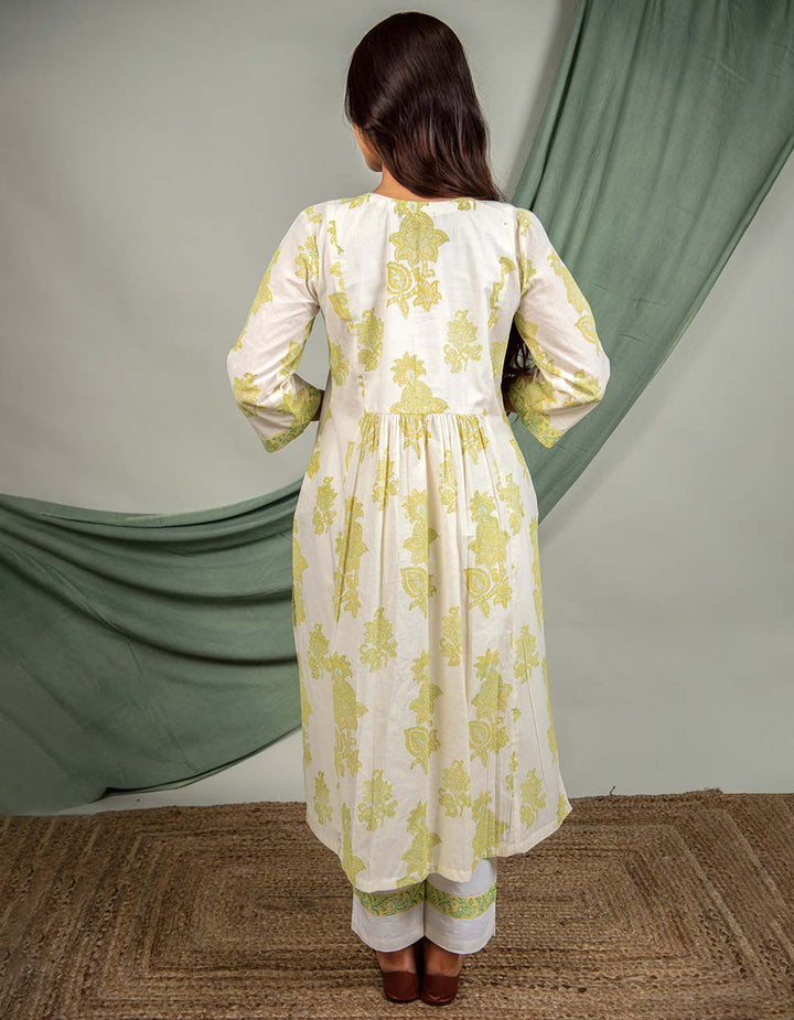 Kora Yellow & Green Cotton Printed Kurta