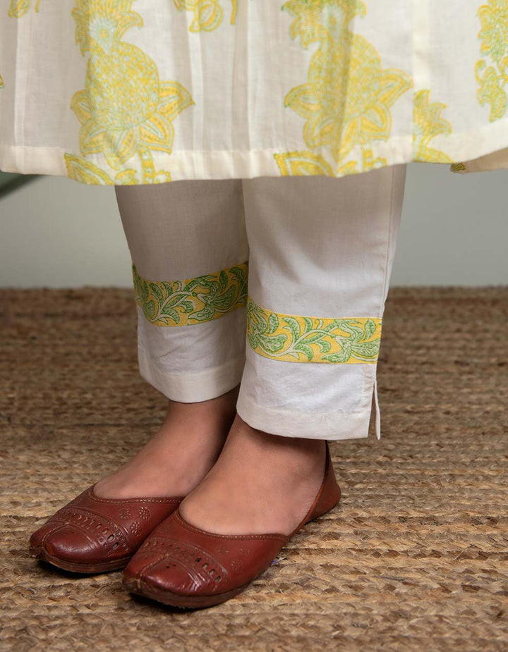 Kora White Cotton Straight-Cut Pants With Yellow & Green Detailing