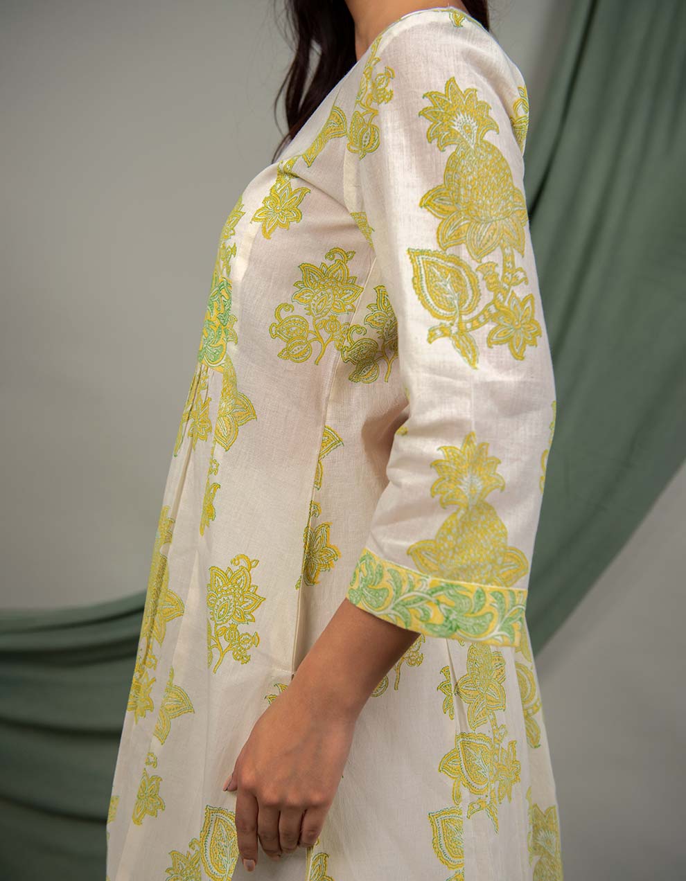 Kora Yellow & Green Cotton Printed Kurta