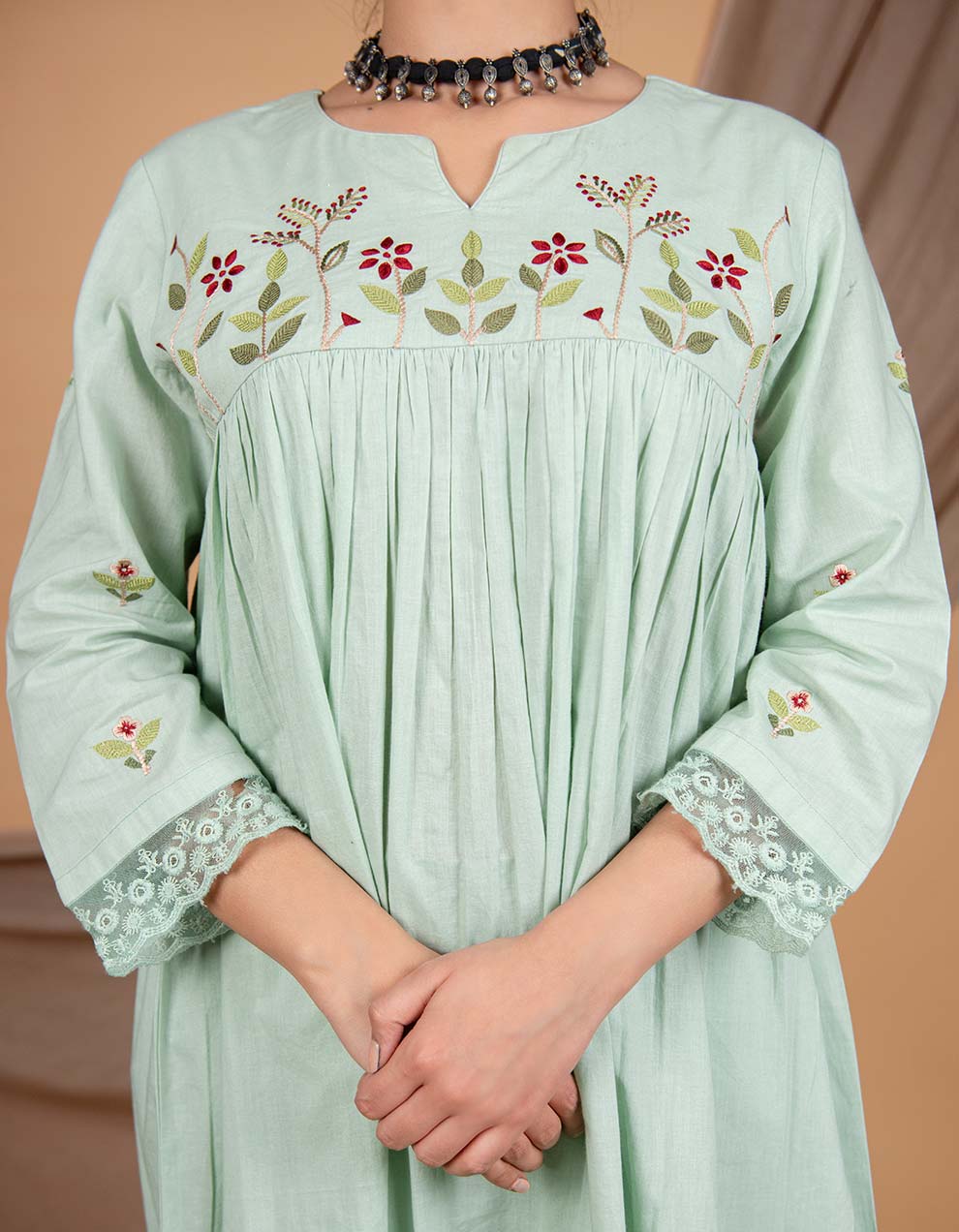 Green hand embroidered kurta