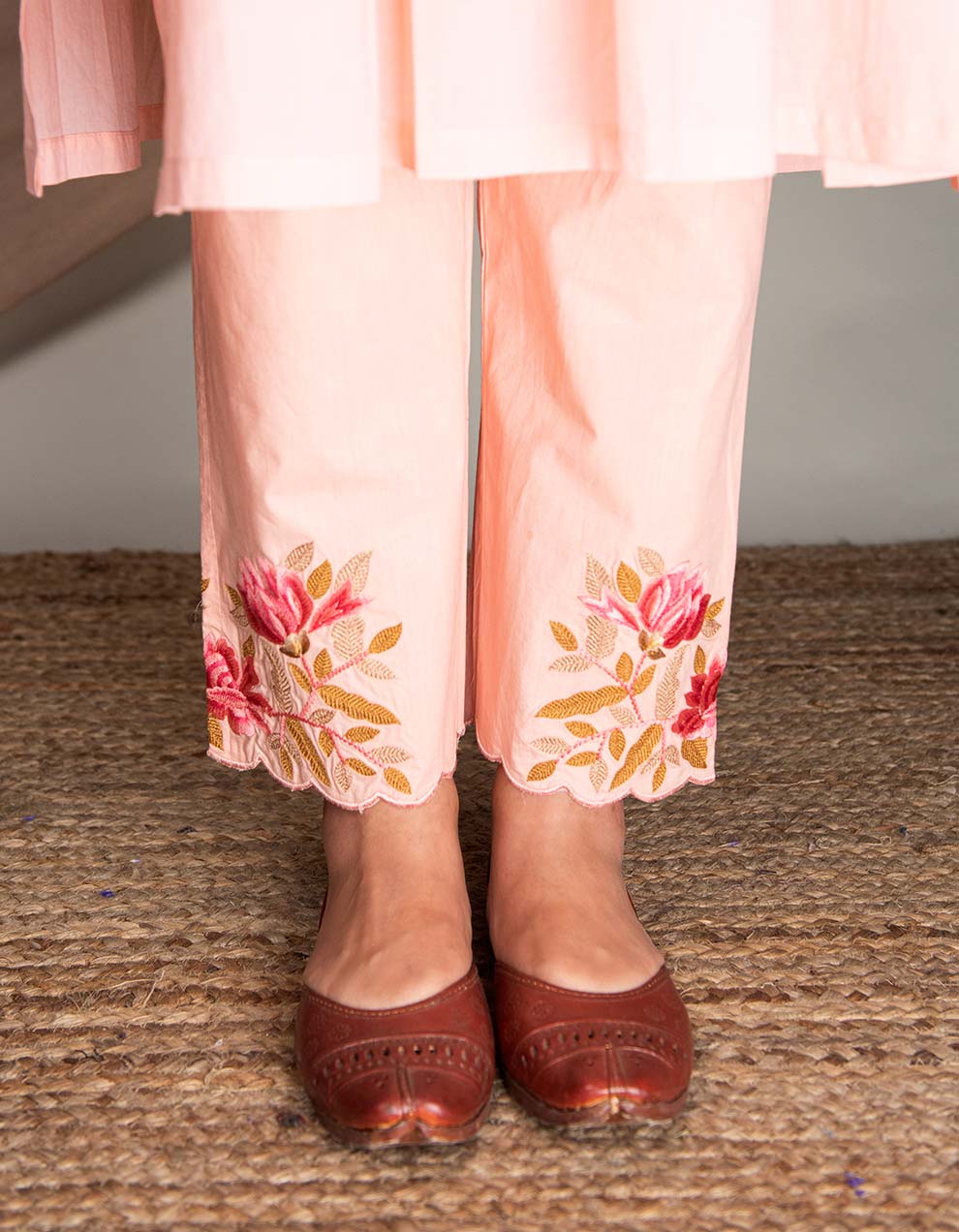 Peach hand embroidered kurta with pants and dupatta- Set of 3