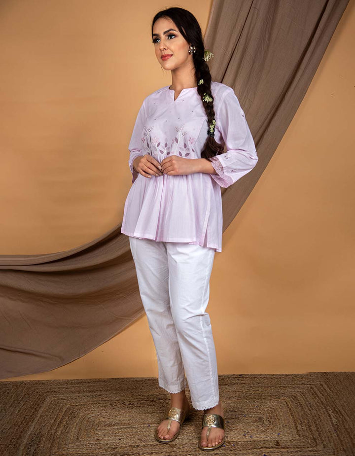 Light pink hand embroidered short kurta with pants - Set of 2