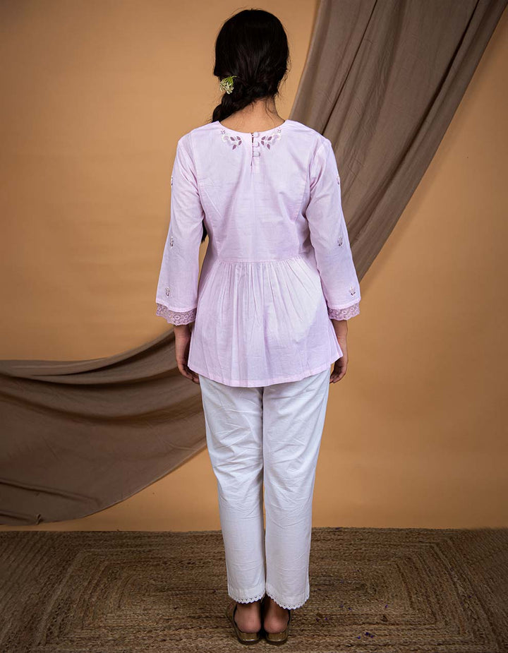 Light pink hand embroidered short kurta with pants - Set of 2