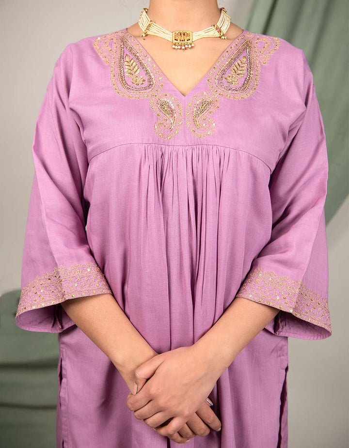 Purple hand embroidered cotton kurta