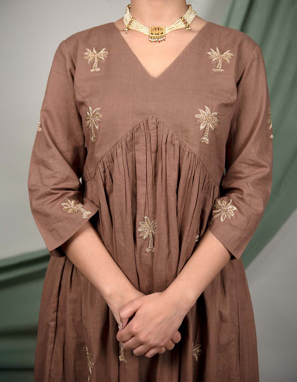 Brown hand embroidered cotton kurta with cotton pants and kota dupatta- Set of 3