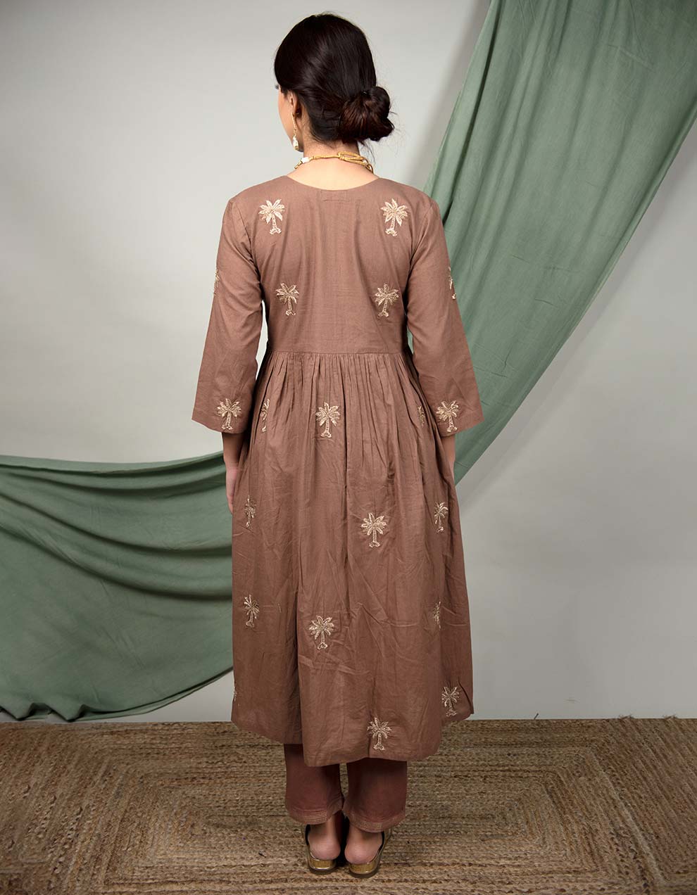 Brown hand embroidered  kurta with cotton pants - Set of 2