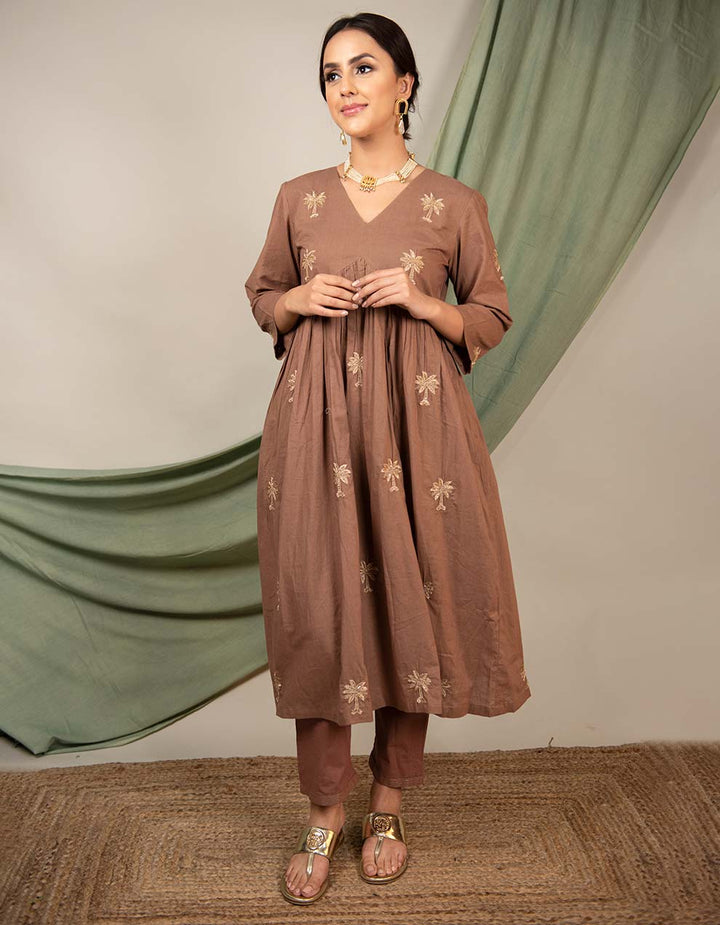 Brown hand embroidered cotton kurta