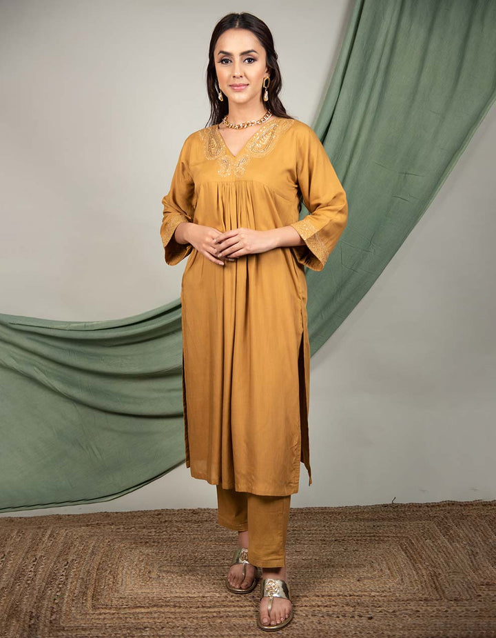 Mustard hand embroidered kurta with cotton pants - Set of 2