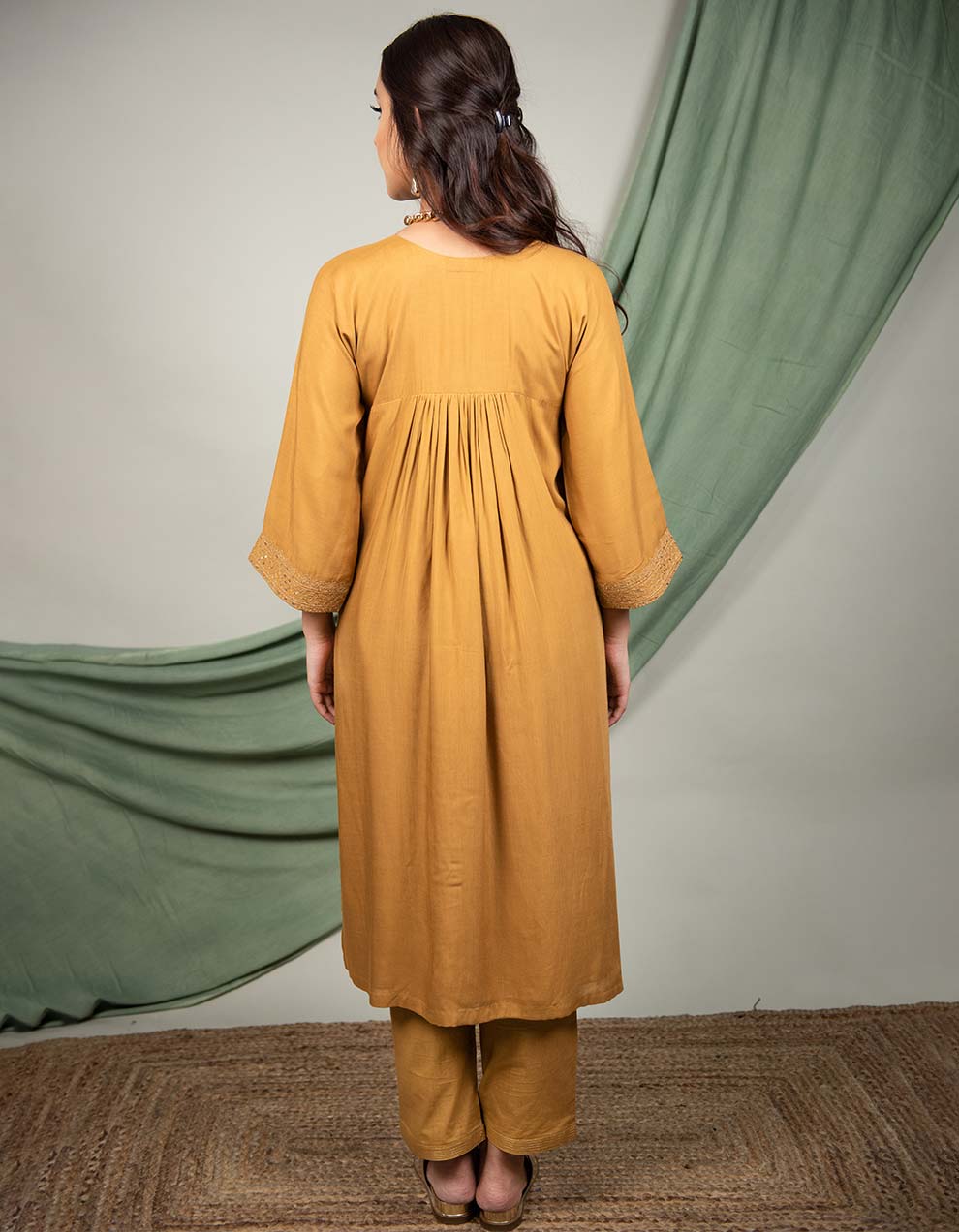 Mustard hand embroidered kurta with cotton pants - Set of 2