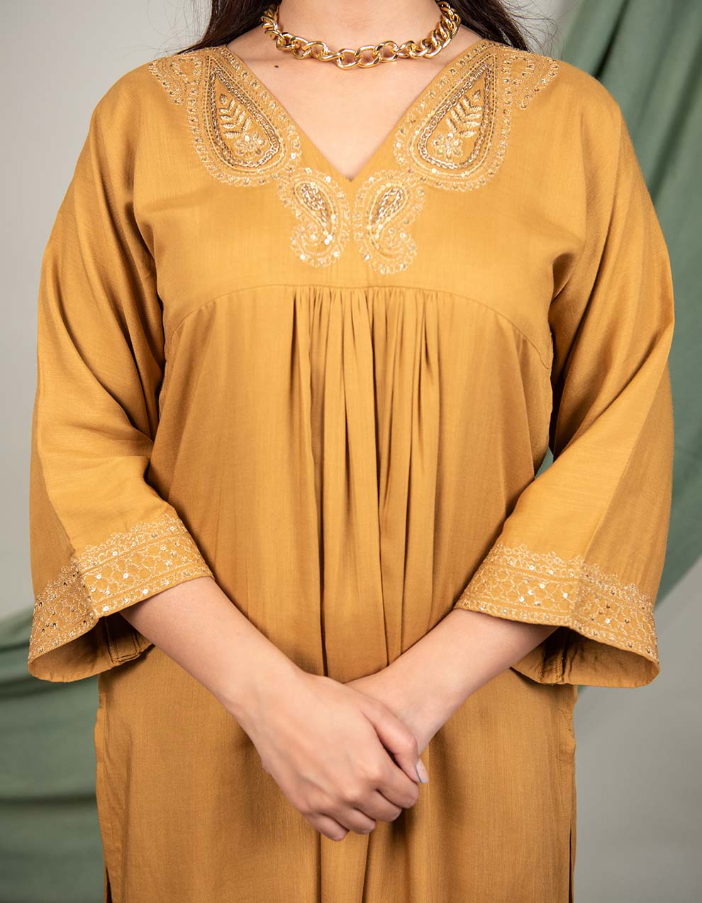 Mustard hand embroidered cotton kurta