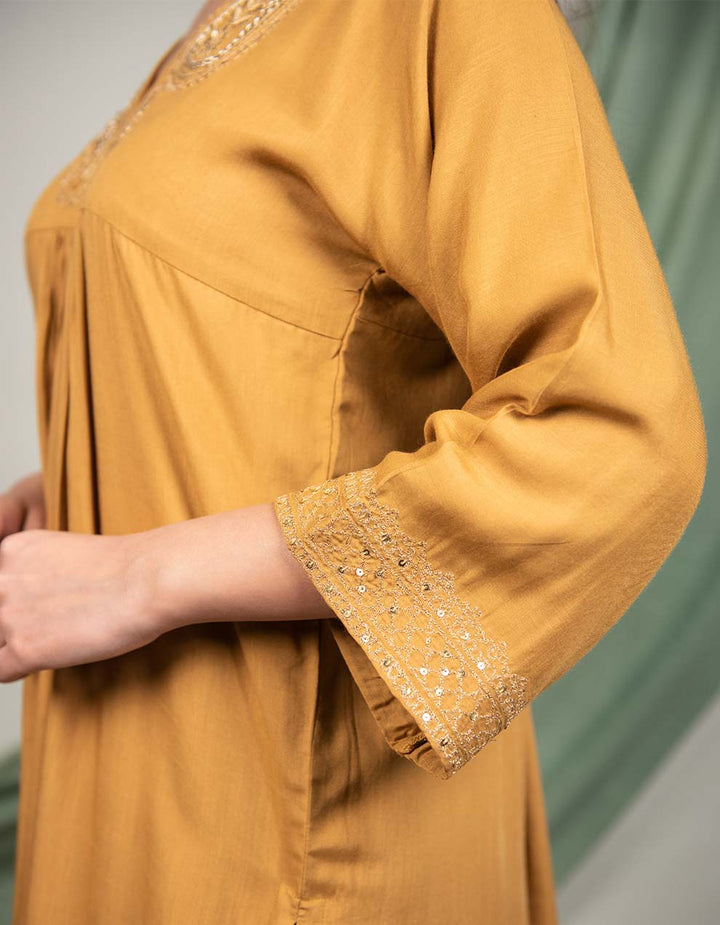 Mustard hand embroidered cotton kurta