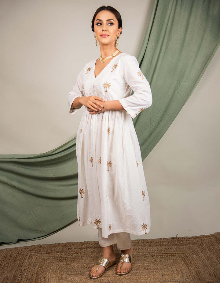 White hand embroidered  cotton kurta