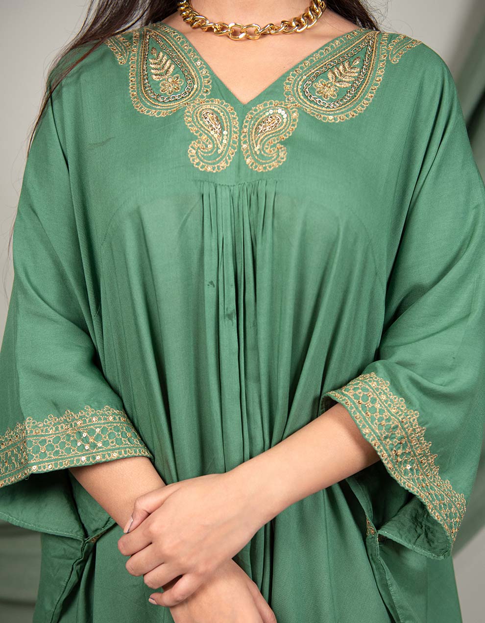 Green hand embroidered  kaftan