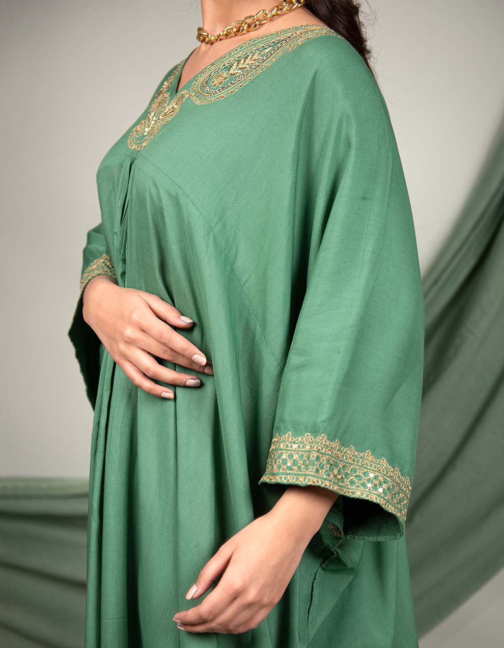 Green hand embroidered  kaftan