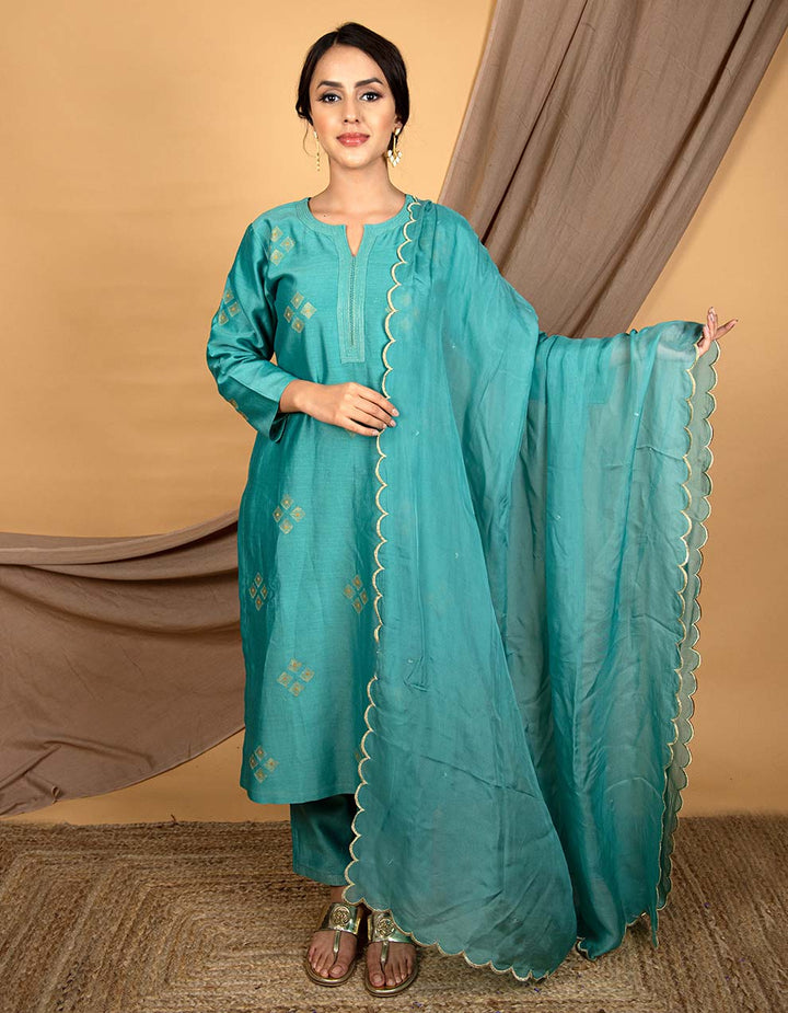 Teal blue embroidered chanderi silk kurta with pants and dupatta- Set of 3