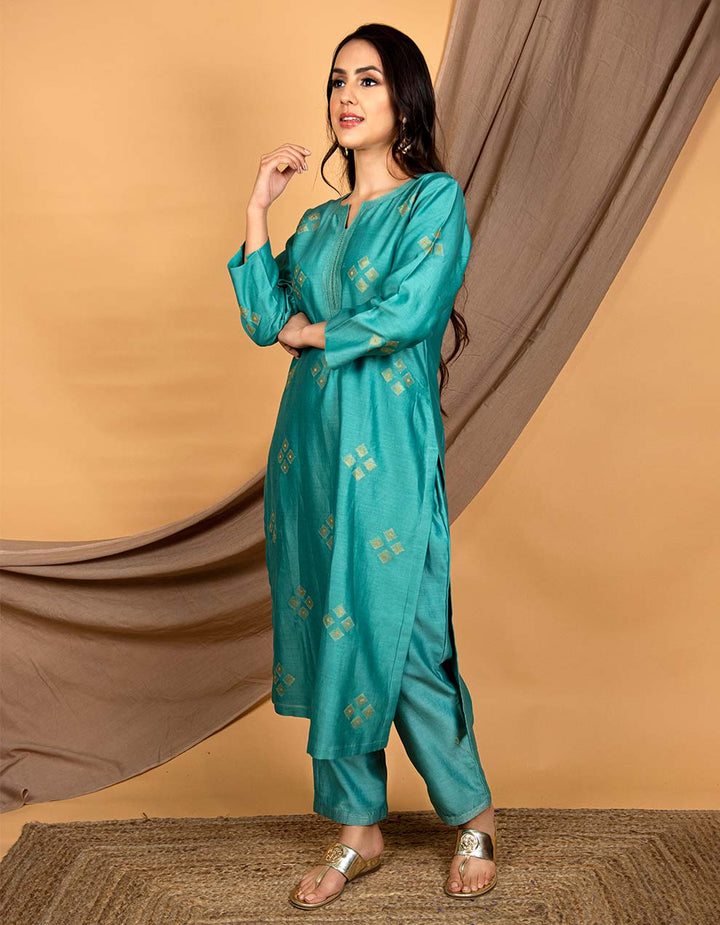 Teal blue embroidered chanderi silk kurta with pants - Set of 2