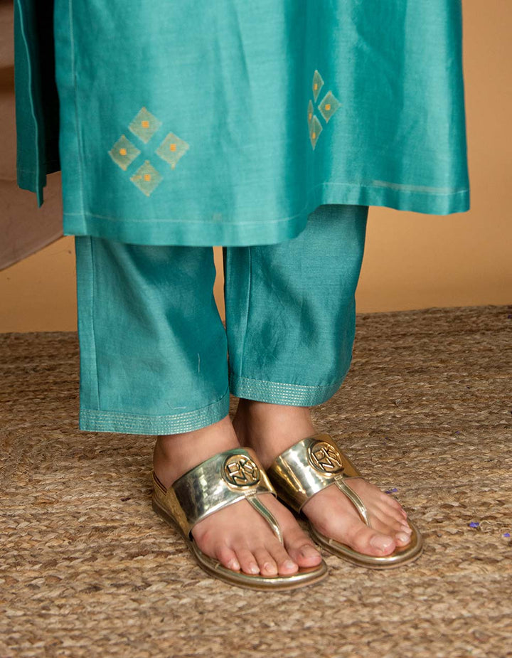 Teal blue embroidered chanderi silk kurta with pants - Set of 2