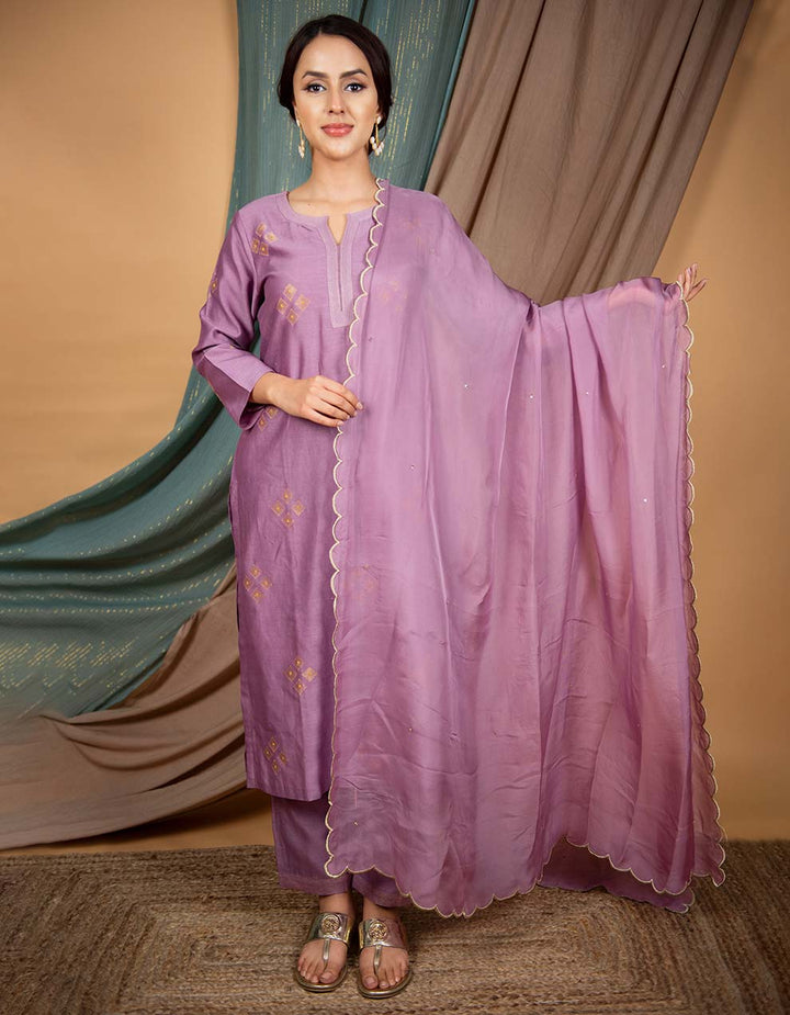 Purple embroidered chanderi silk kurta with pants and dupatta- Set of 3