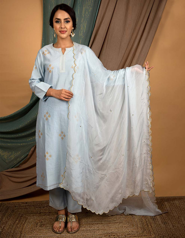 Powder blue embroidered chanderi silk kurta with pants and dupatta- Set of 3