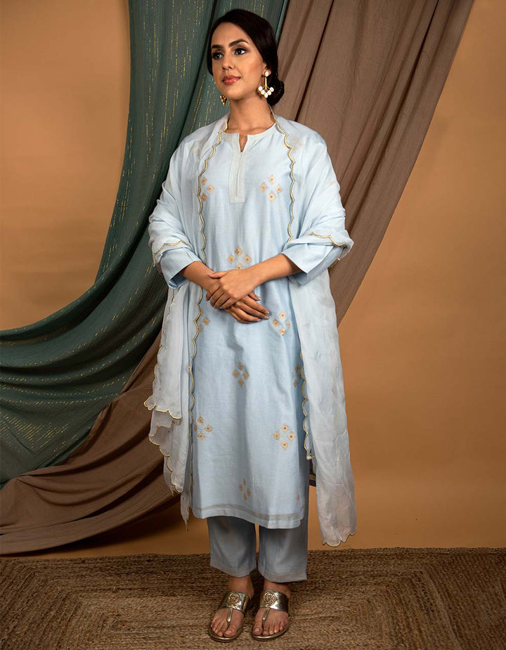 Powder blue embroidered chanderi silk kurta with pants and dupatta- Set of 3