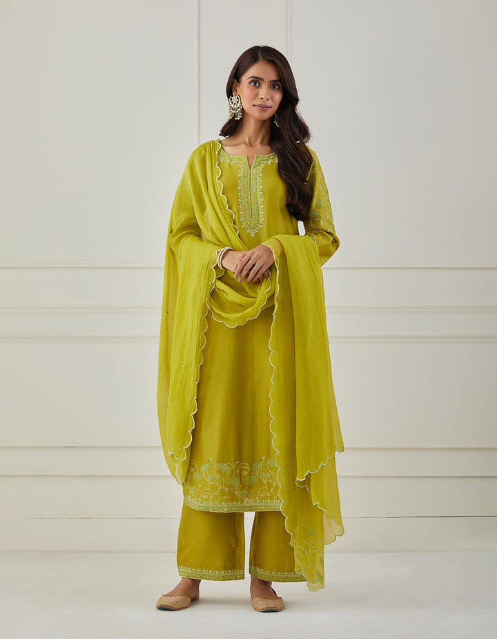 Lime green embroidered chanderi silk kurta with pants and dupatta- Set of 3