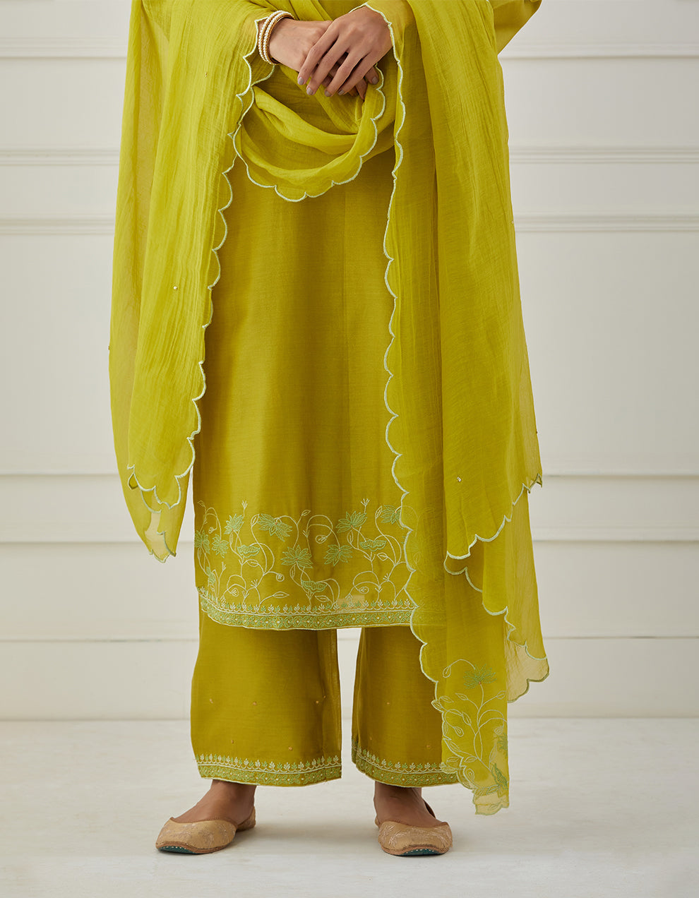 Lime green embroidered chanderi silk kurta with pants and dupatta- Set of 3