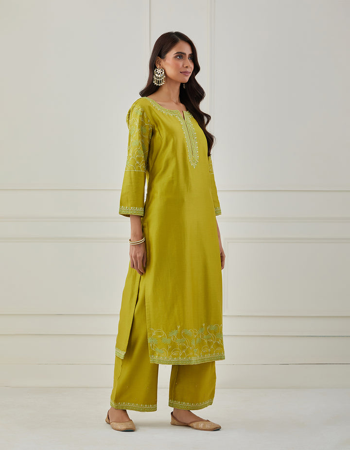 Lime green embroidered chanderi silk kurta with pants and dupatta- Set of 3