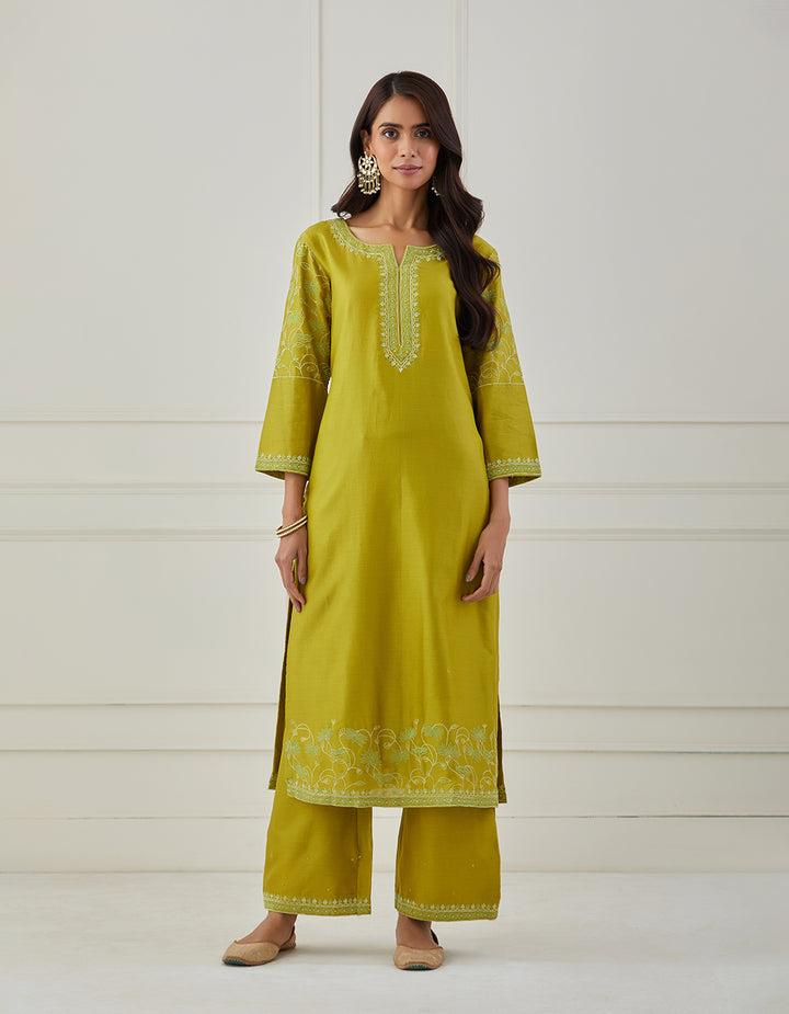 Lime green embroidered chanderi silk kurta with pants - Set of 2