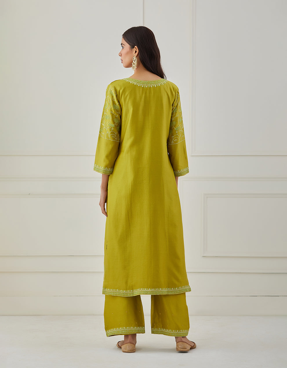 Lime green embroidered chanderi silk kurta with pants - Set of 2