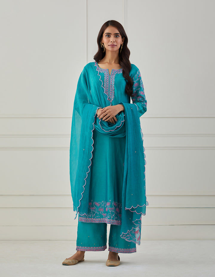 Turquoise embroidered chanderi silk kurta with pants and dupatta - Set of 3