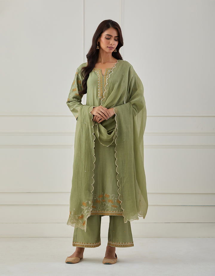 Bandhan Green embroidered chanderi silk kurta with pants and dupatta - Set of 3