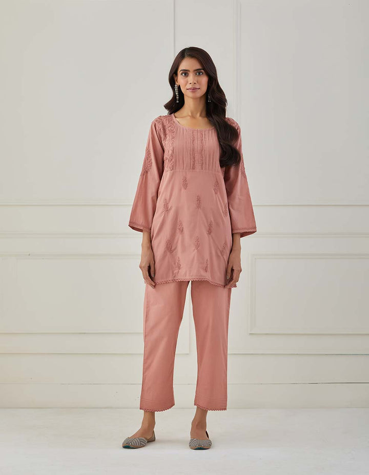 Old rose chikankari cotton kurta with pants