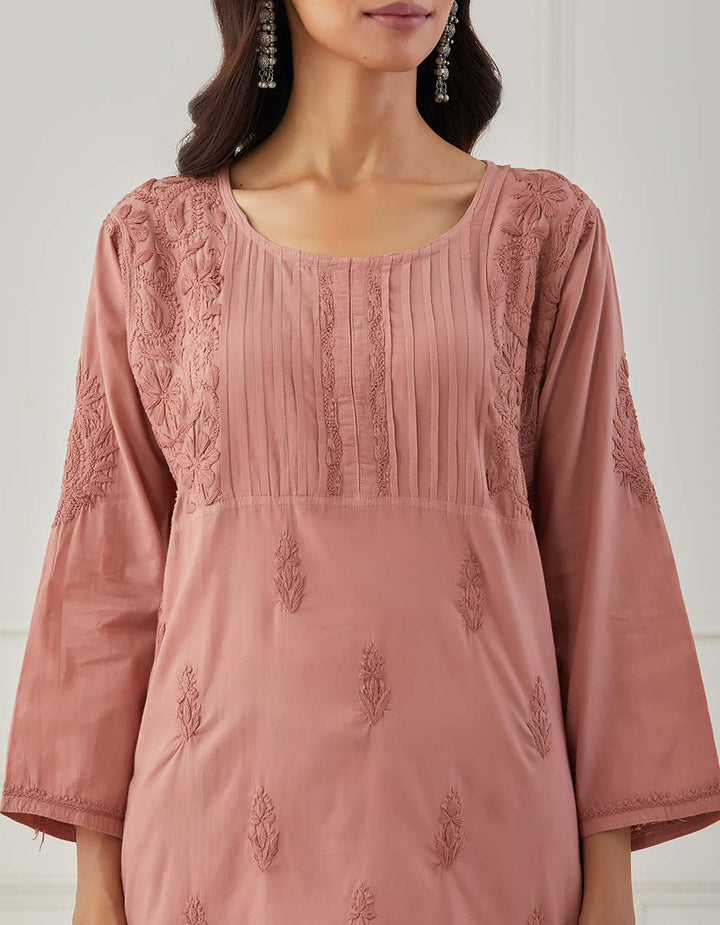 Old rose chikankari cotton kurta with pants