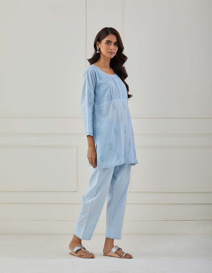 Blue chikankari cotton kurta with pants