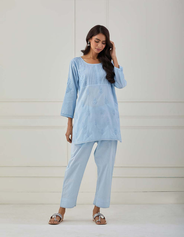 Blue chikankari cotton kurta with pants