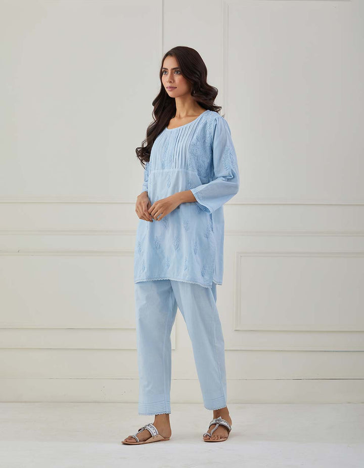 Blue chikankari cotton kurta with pants