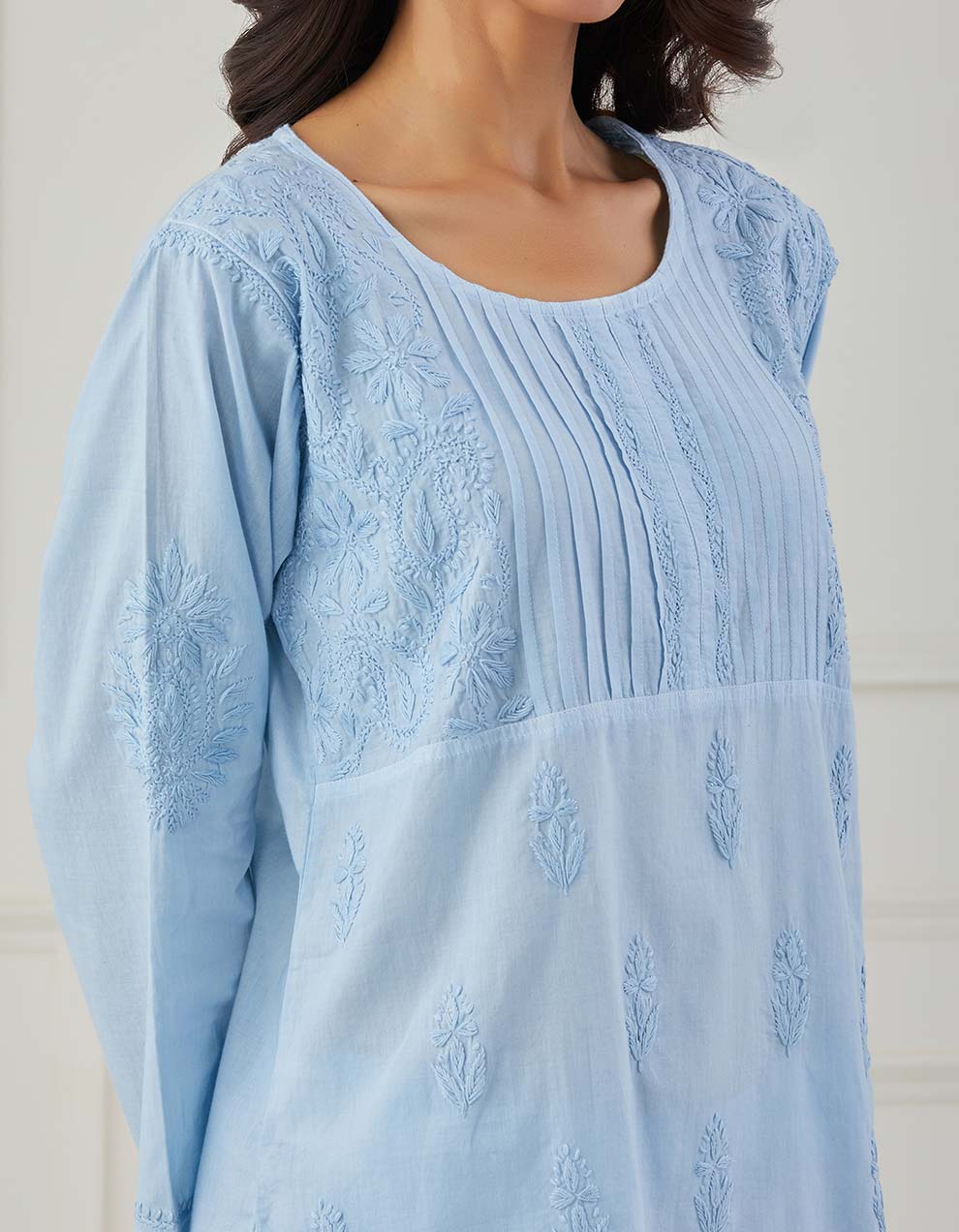 Blue chikankari cotton kurta with pants